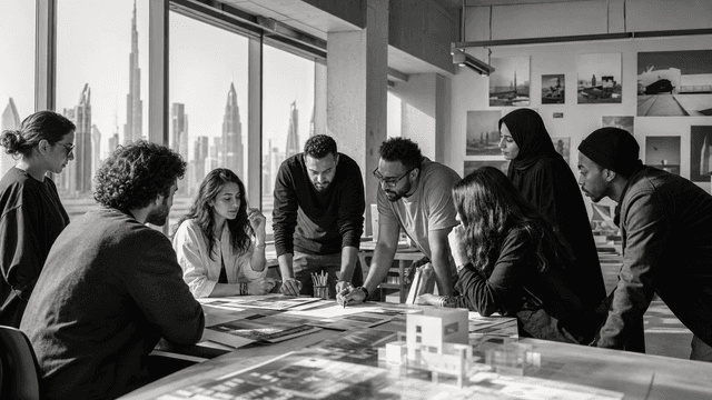 Creative team collaborating at a work table with models and plans.